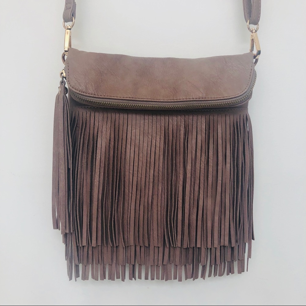 Mellow World - Taupe Fringe Boho Crossbody Bag